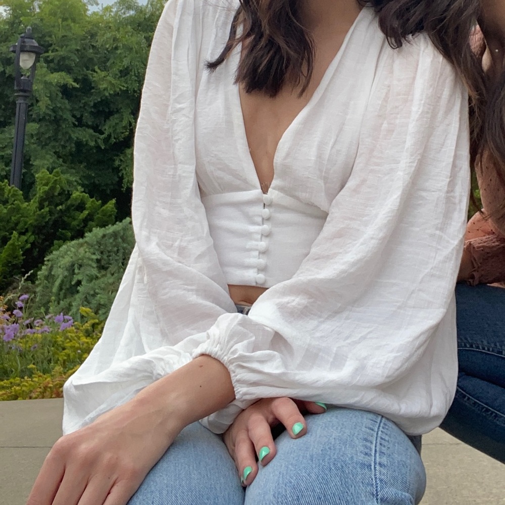White V-Neck Button-Front Puff Sleeve Top